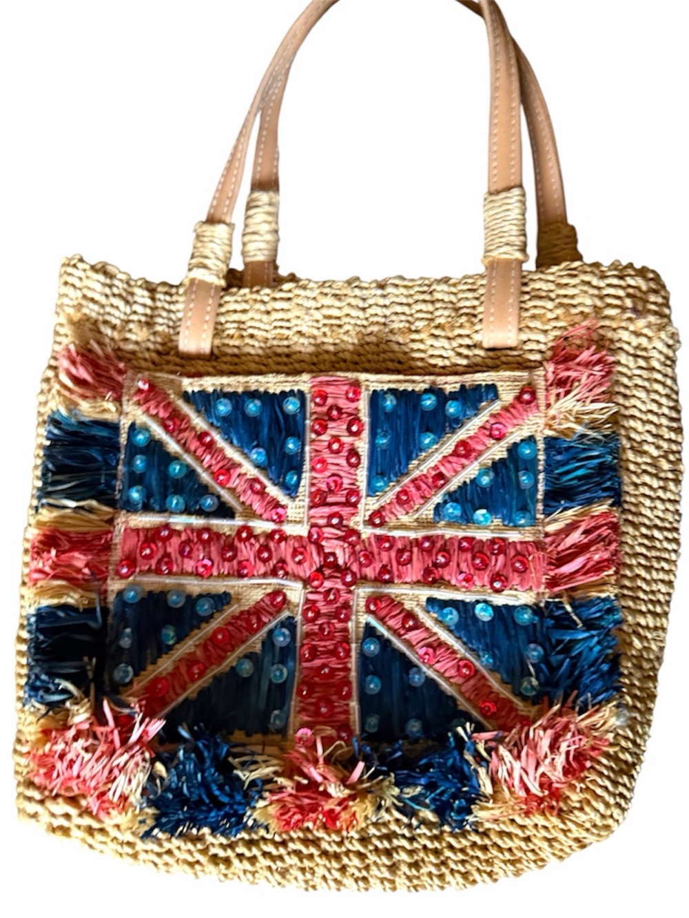 1987 euro summer Beaded Union Jack Straw Tote Bag - woven and bead Accents